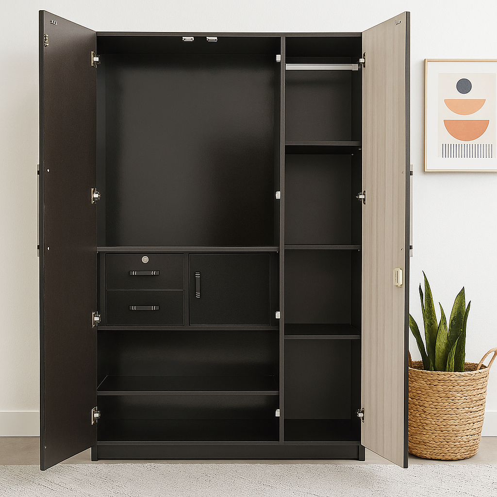 Duck 3,2 Door Wardrobe with Drawer, and 1 Hanging Space (Black, Cream)