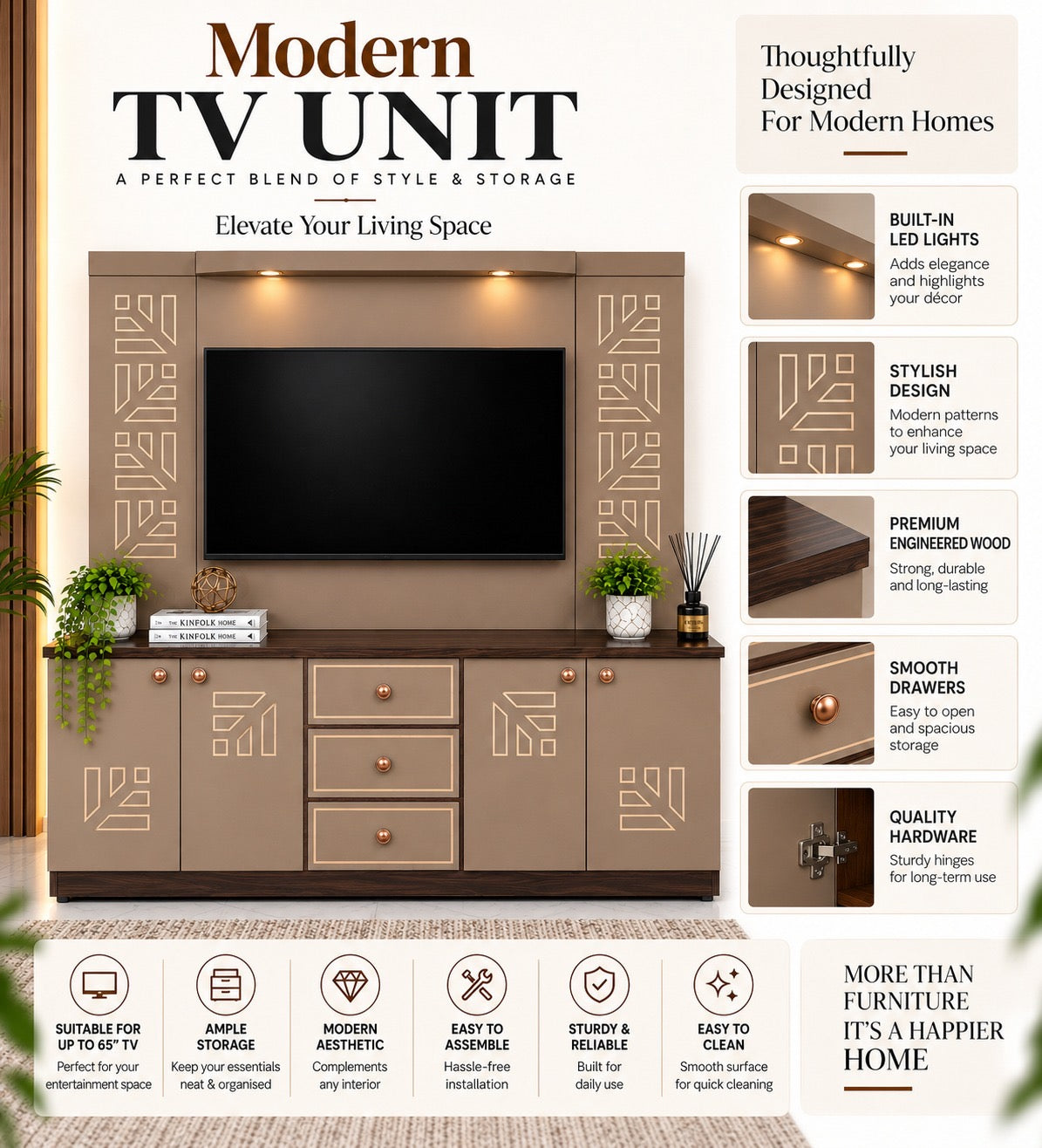 Har Ghar Khushi Bose Modern Wooden TV Unit & Storage Cabinets, Engineered Wood, Free Home Delivery, Free Installation, 2 Year Warranty.