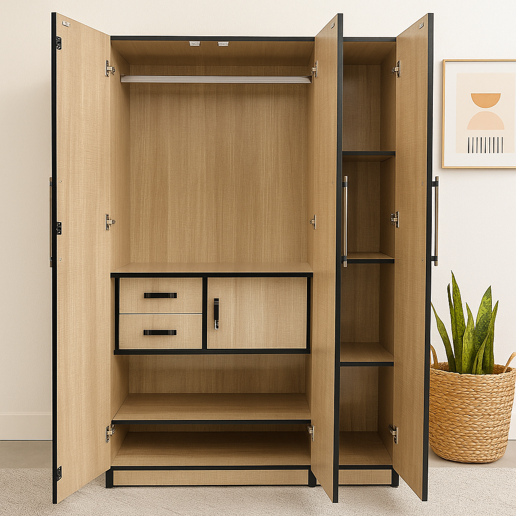 Qully 3 Door Wardrobe with Drawer and 1 Hanging Space