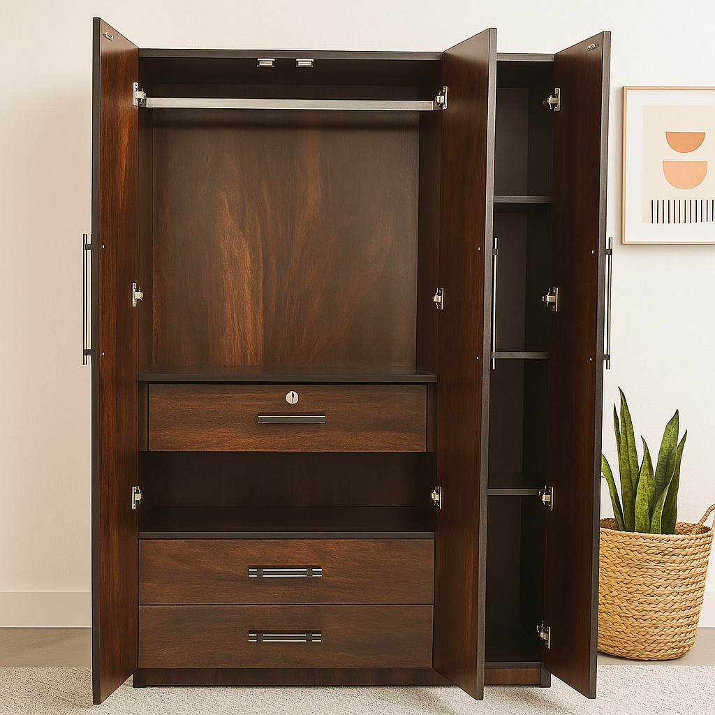Wally 3 Door Wardrobe with Drawer, and 1 Hanging Space (columbia Walnut)