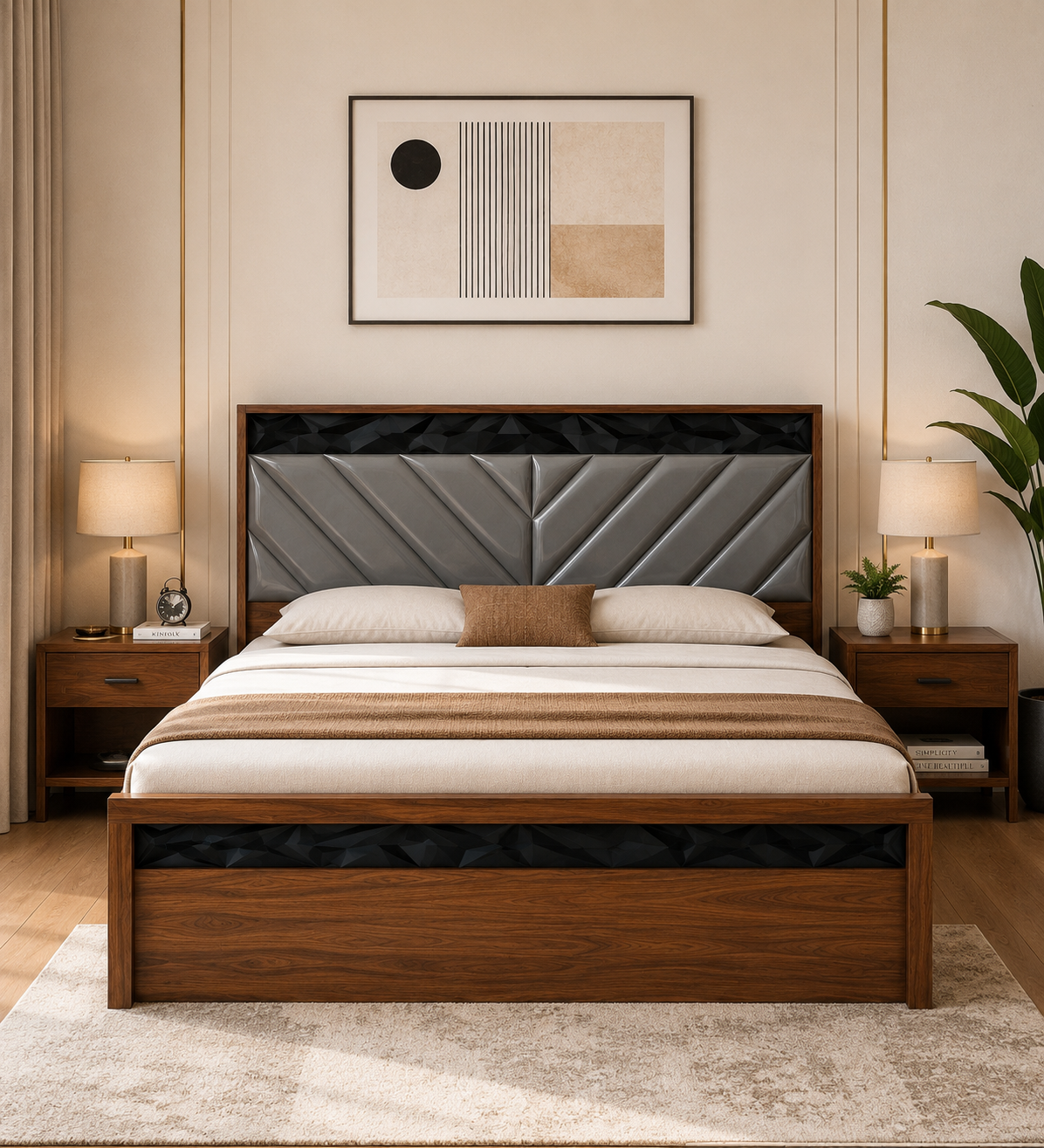 Har Ghar Khushi Reva King Bed, Cushion, Walnut, Free Delivery, Free Installation.