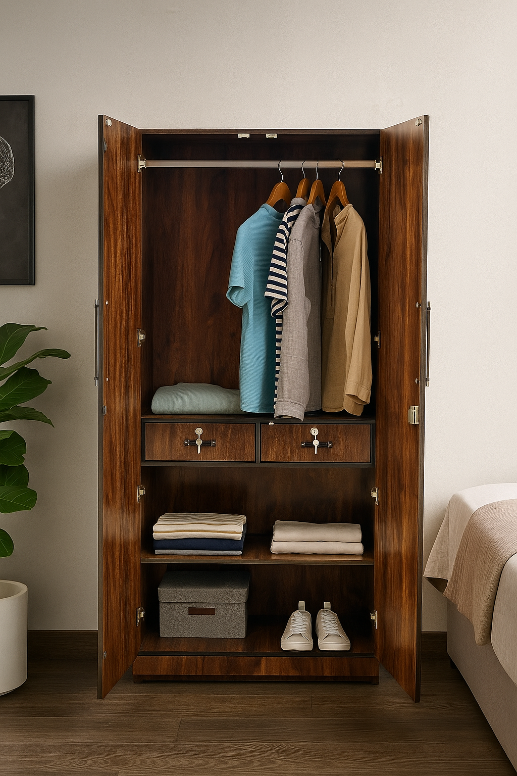 Woody 2 Door Wardrobe with Drawer, and 1 Hanging Space (columbia Walnut)