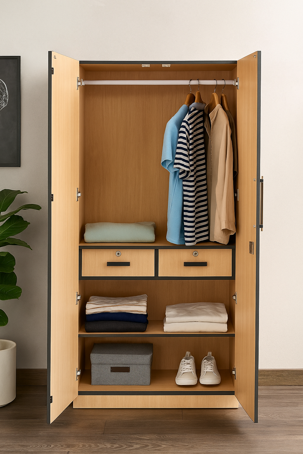 Queen 2 Door Wardrobe with Drawer, and 1 Hanging Space
