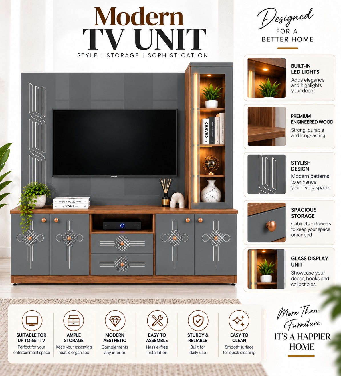 Har Ghar Khushi Yamaha Modern Wooden TV Unit & Storage Cabinets, Engineered Wood, Free Home Delivery, Free Installation, 2 Year Warranty.
