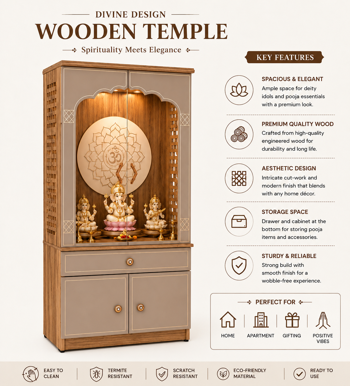 Har Ghar Khushi Neer With Door Premium Wooden Temple Mandir with LED Lighting & Storage, 2 Year Warranty, Free Home Delivery, Free Installation.