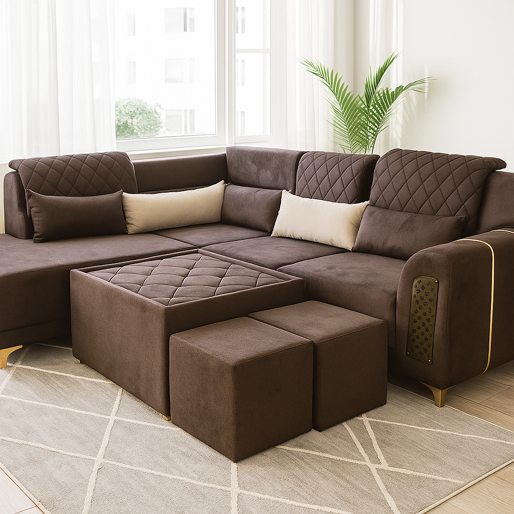 Elegant 7-Seater L-Shaped Sofa with Ottoman – Rich Chocolate Brown
