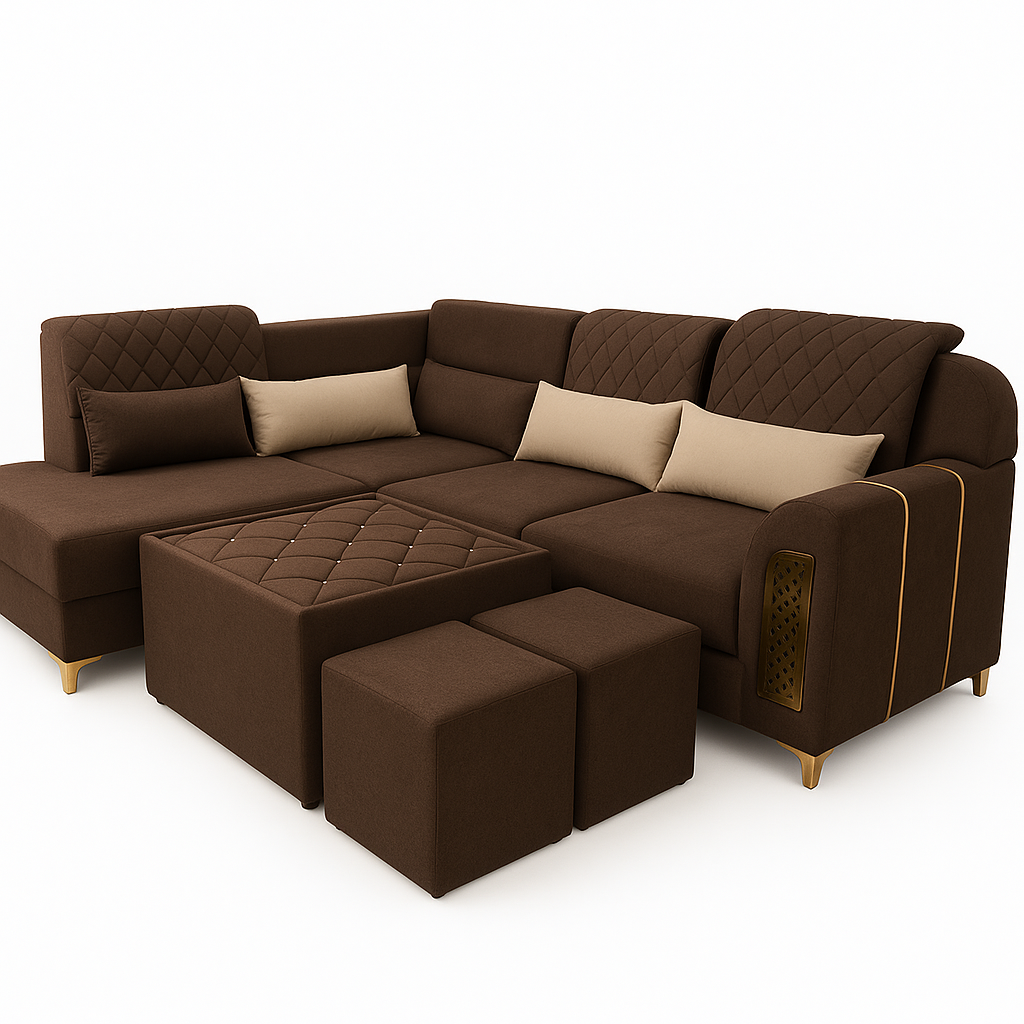 Elegant 7-Seater L-Shaped Sofa with Ottoman – Rich Chocolate Brown