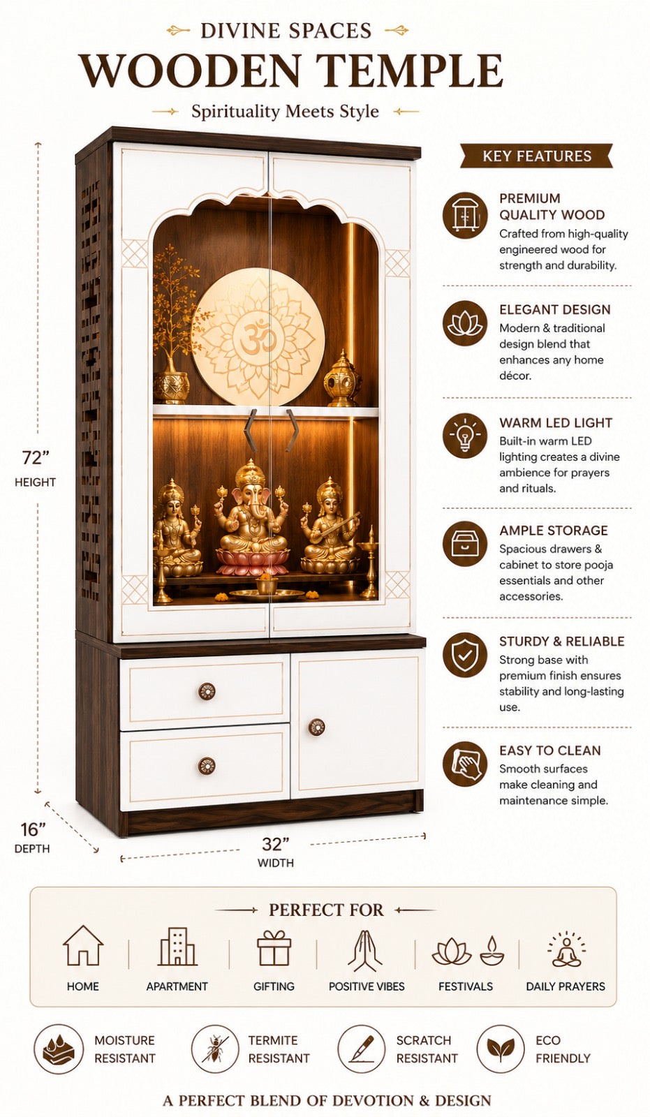 Har ghar khushi bhumi with door temple, premium wooden pooja mandir with storage cabinet & LED lighting, 2 year warranty free home delivery, free installation.
