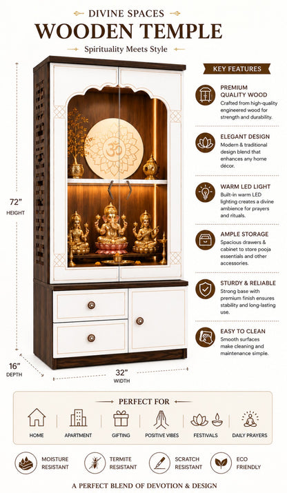 Har ghar khushi bhumi with door temple, premium wooden pooja mandir with storage cabinet & LED lighting, 2 year warranty free home delivery, free installation.