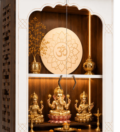 Har ghar khushi bhumi with door temple, premium wooden pooja mandir with storage cabinet & LED lighting, 2 year warranty free home delivery, free installation.