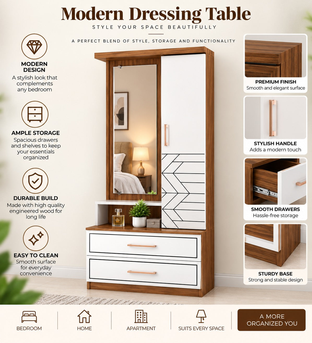 Har Ghar Khushi Curve Modern Wooden Dressing Table with Full-Length Mirror & Storage, Engineered Wood, Free Home Delivery, Free Installation, 2 Year Warranty