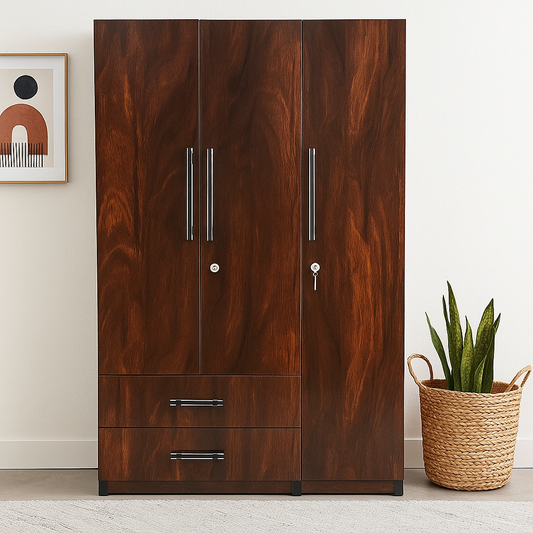 Wally 3 Door Wardrobe with Drawer,  and 1 Hanging Space (columbia Walnut)