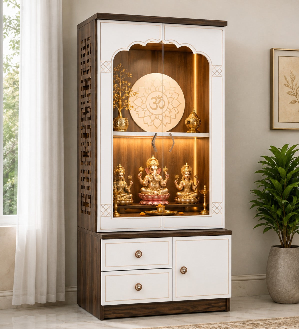 Har ghar khushi bhumi with door temple, premium wooden pooja mandir with storage cabinet & LED lighting, 2 year warranty free home delivery, free installation.