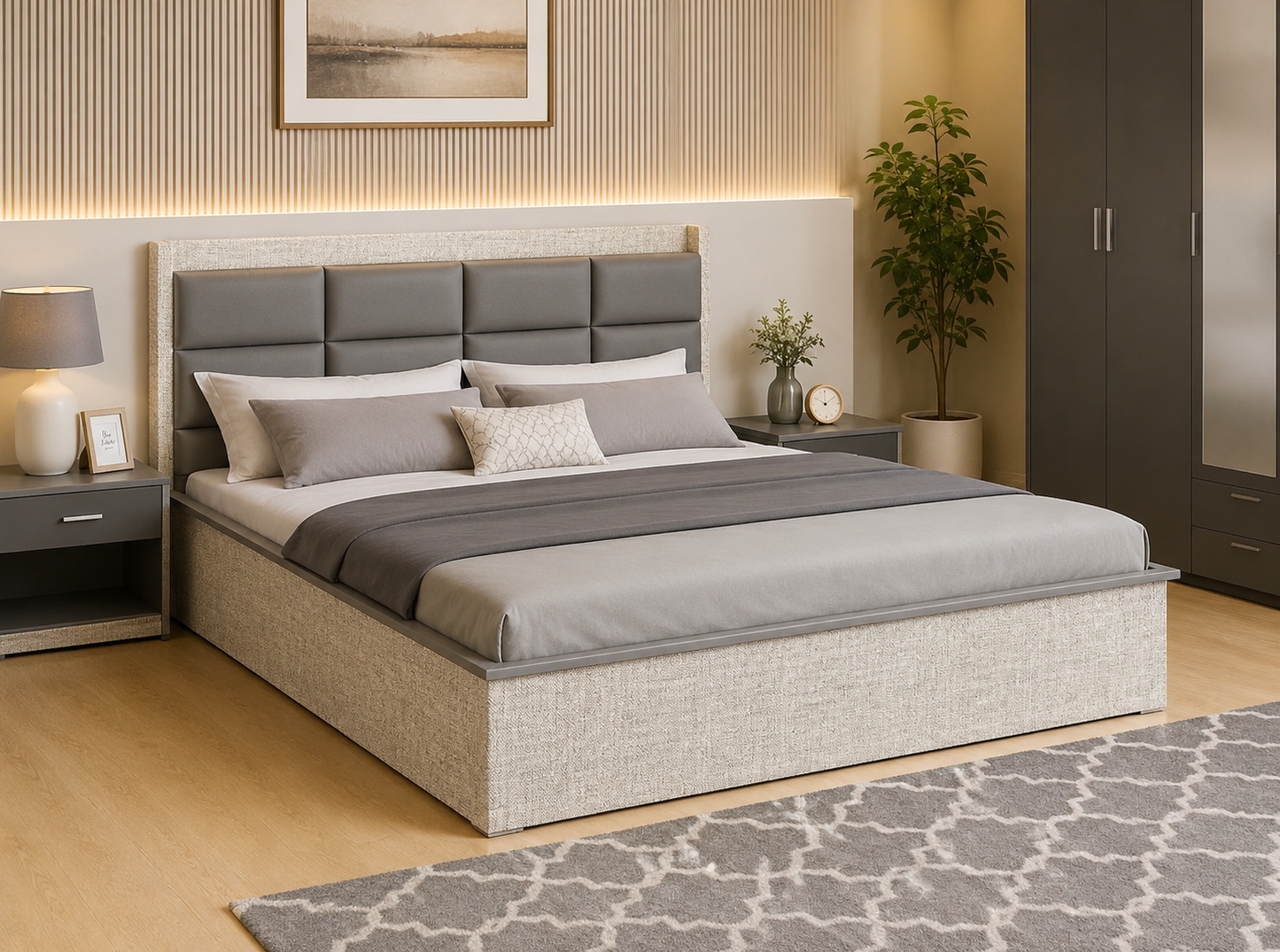 Har Ghar Khushi Upholstered Grey Colour Bed Hydraulic Storage