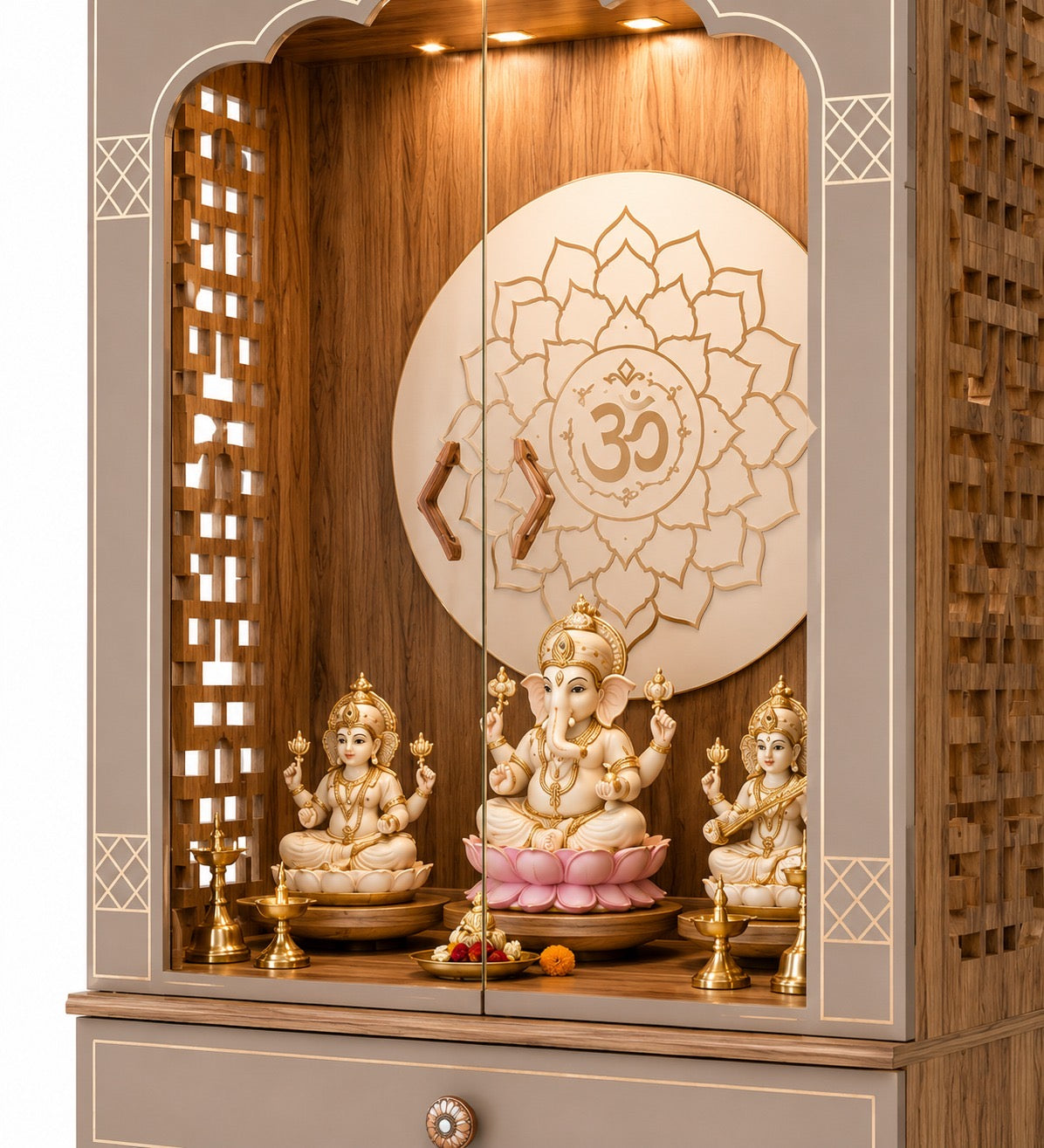 Har Ghar Khushi Neer With Door Premium Wooden Temple Mandir with LED Lighting & Storage, 2 Year Warranty, Free Home Delivery, Free Installation.