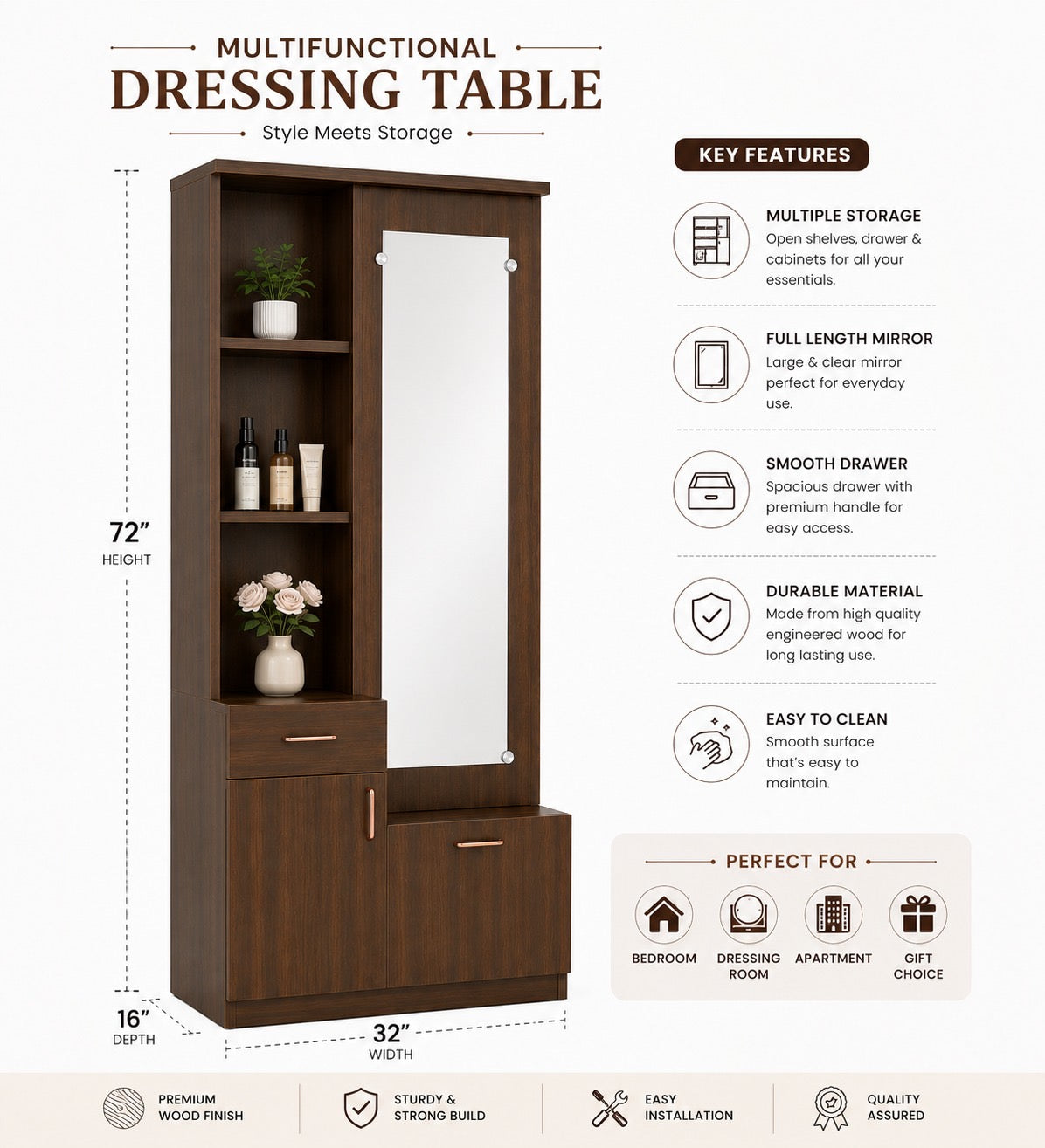 Har Ghar Khushi Premium Wooden Dressing Table with Full-Length Mirror & Storage, 2 Year Warranty, Free Home Delivery, Free Installation.
