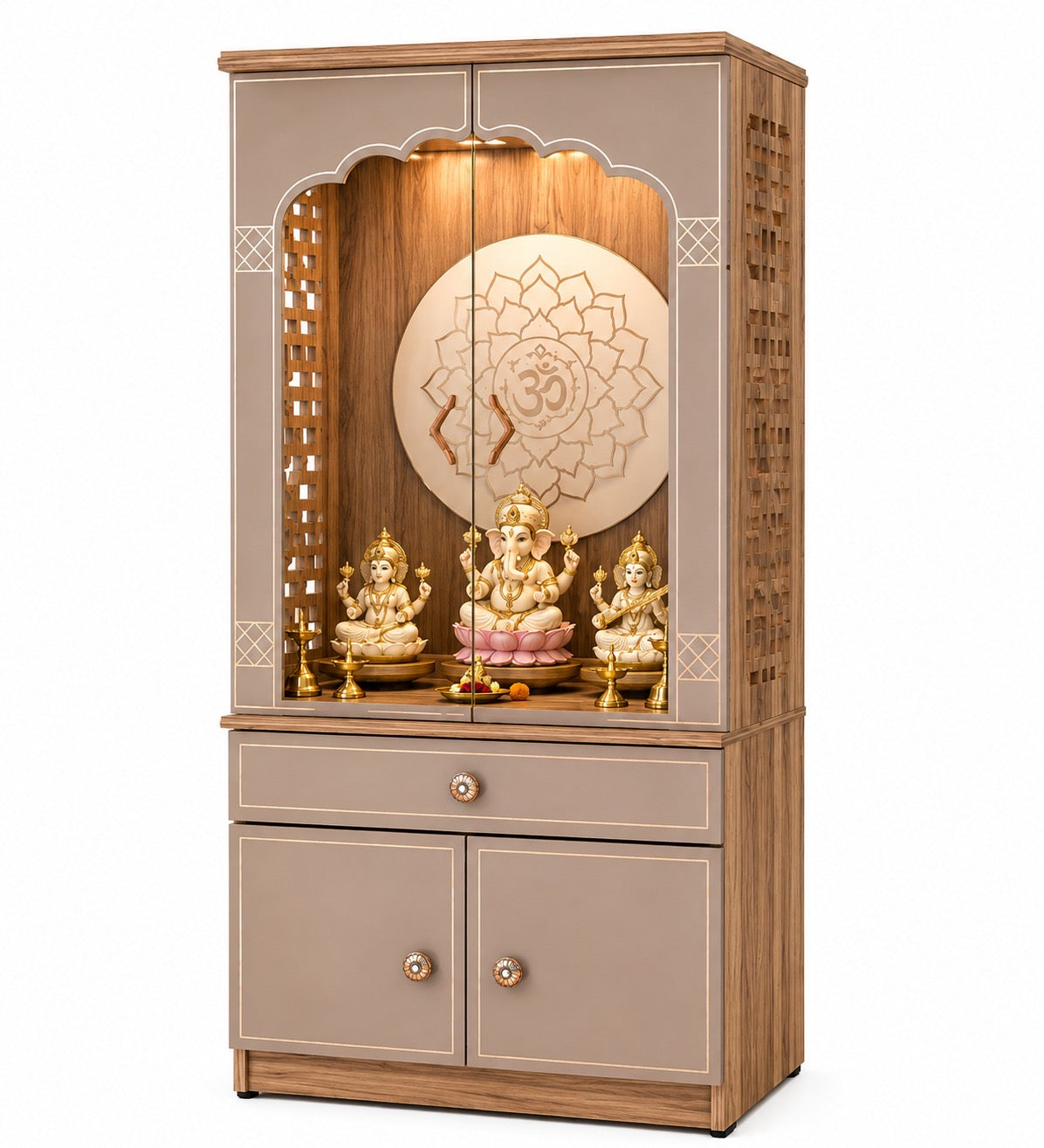 Har Ghar Khushi Neer With Door Premium Wooden Temple Mandir with LED Lighting & Storage, 2 Year Warranty, Free Home Delivery, Free Installation.