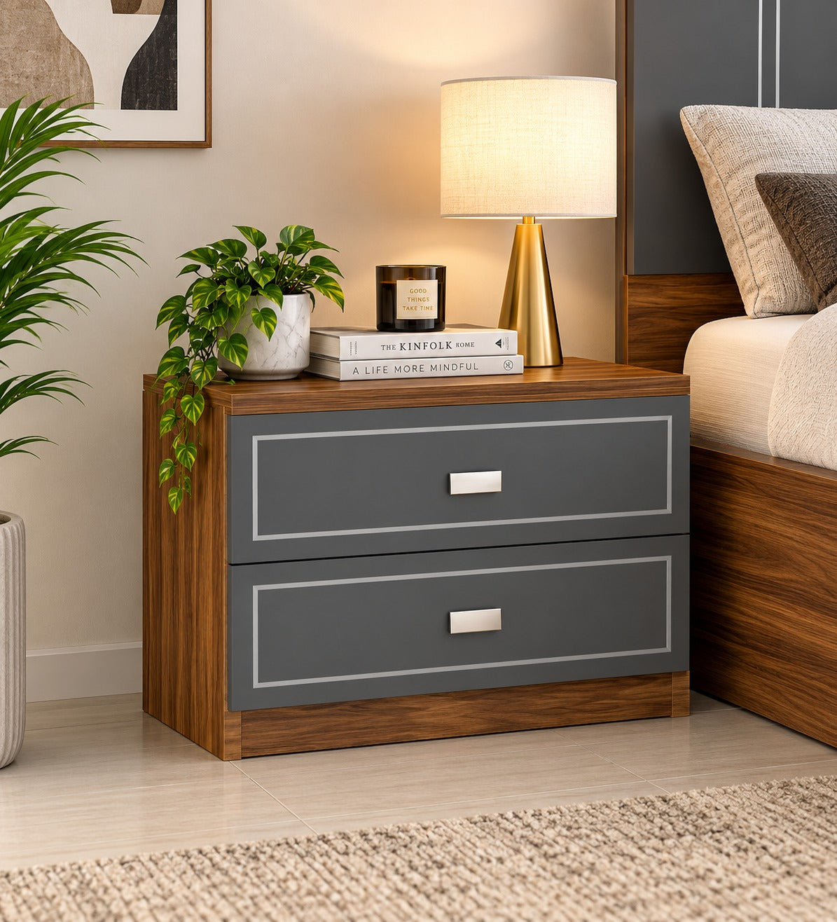 Har Ghar Khushi Prolive Modern 2-Drawer Bedside Table with Premium Wooden Finish, Engineered Wood, Free Home Delivery, Free Installation, 2 Year Warranty.