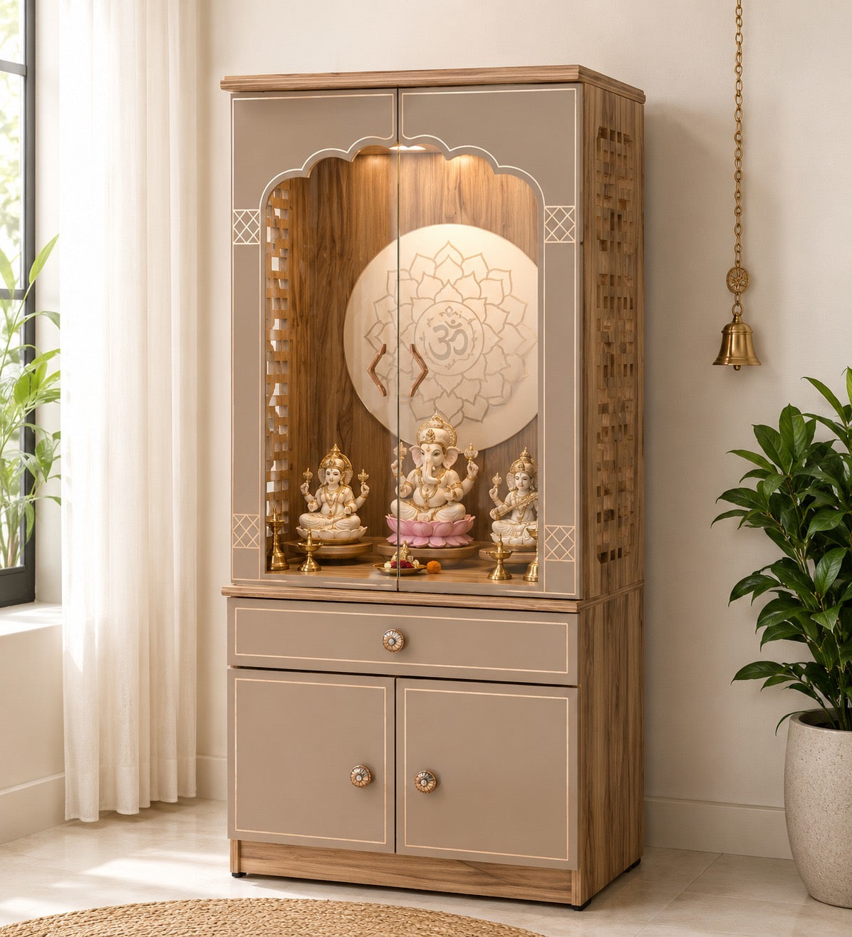Har Ghar Khushi Neer With Door Premium Wooden Temple Mandir with LED Lighting & Storage, 2 Year Warranty, Free Home Delivery, Free Installation.