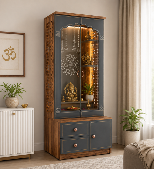 Har Ghar Khushi Vayu Glass Door Temple Grey in Colour, Free Home Delivery, Free Installation.