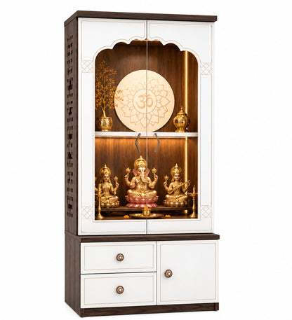 Har ghar khushi bhumi with door temple, premium wooden pooja mandir with storage cabinet & LED lighting, 2 year warranty free home delivery, free installation.