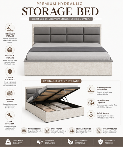 Har Ghar Khushi Upholstered Grey Colour Bed Hydraulic Storage