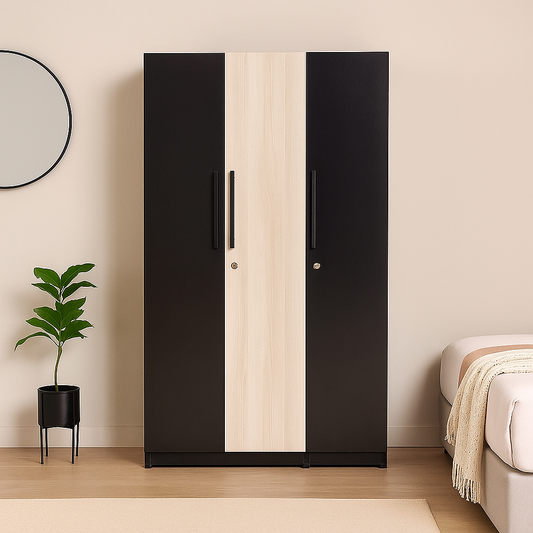 Duck 3,2 Door Wardrobe with Drawer,  and 1 Hanging Space (Black, Cream)