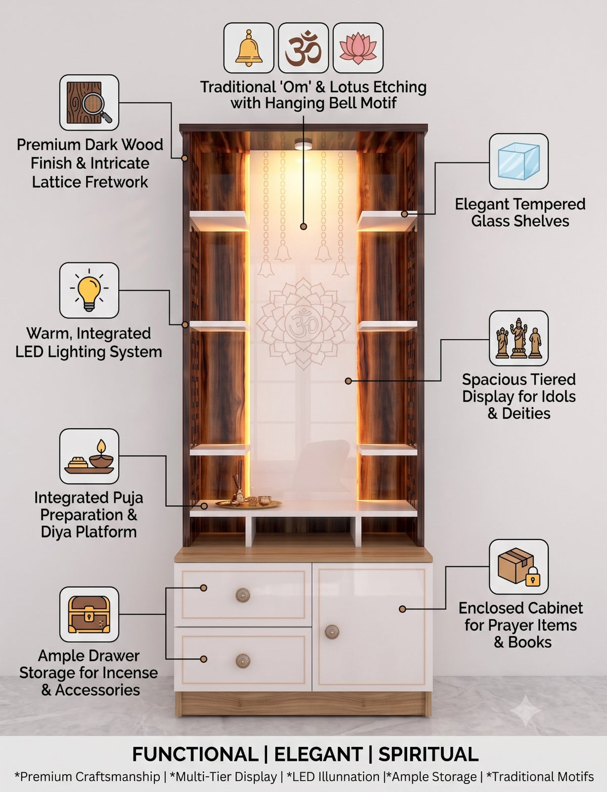Har Ghar Khushi Agni Temple White And Walnut, Free Home Delivery, Free Installation.